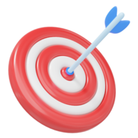 Flecha azul 3d en ojo de buey rojo con sombra. página web de destino de destino. finanzas empresariales, éxito de objetivos de marketing, concepto de logro de objetivos. icono de dibujos animados mínimo. renderizado 3D con trazado de recorte.