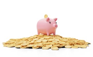 Gold coin falling into pink piggy bank on a pile of coins. mobile banking and Online payment service. Save dollar coin in Pig money box. Saving money wealth and business financial concept. 3d render. png