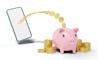 Gold coin flew out of smartphone falling into pink piggy bank. Mobile banking and Online payment service. Save dollar in Pig money box. Saving money wealth and business financial concept. 3d render. png