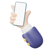Teléfono móvil 3D en el icono de la mano humana. hombre de negocios con traje que sostiene la pantalla blanca en blanco del teléfono inteligente azul flotando aislado. espacio de maqueta para la aplicación de visualización. estilo de dibujos animados de negocios. procesamiento de icono 3d. png