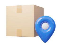 Caja marrón 3d, icono de pin de ubicación. puntos de control del navegador gps azul, cajas de cartón realistas flotando. mercado en línea, entrega rápida, concepto de envío urgente. icono de dibujos animados estilo minimalista. procesamiento 3d png