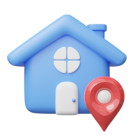 3d blue house, red location pin icon. Cute home with GPS navigator checking points float. Business investment, real estate, mortgage, loan concept. Cartoon icon minimal style. 3d render illustration. png
