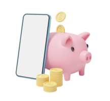 Gold coin falling into pink piggy bank. Phone with stacks coins. Mobile banking and Online payment service. Save dollar in Pig money box. Saving money wealth and business financial concept. 3d render. png