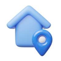 3d blauw huis, plaats pin icoon. schattig huis met GPS navigator controle points drijvend. bedrijf investering, echt landgoed, hypotheek, lening concept. tekenfilm icoon minimaal stijl. 3d geven illustratie. png