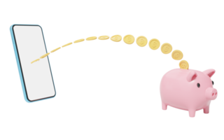 Gold coin flew out of smartphone falling into pink piggy bank. Mobile banking and Online payment service. Save dollar in Pig money box. Saving money wealth and business financial concept. 3d render. png