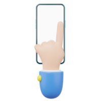 ícone de telefone móvel de toque de mão 3D. empresário vestindo terno usando tela branca em branco do smartphone flutuando espaço de cópia isolado. espaço de maquete para aplicativo de exibição. estilo de desenho animado de negócios. renderização de ícone 3D