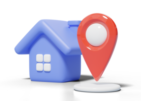 3d blue house, location pin icon. Cute home model with red GPS navigator checking points. Business investment, real estate, mortgage, loan concept. Cartoon icon minimal style. 3d render illustration. png