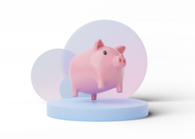 Piggy bank and cylinder podium with pink blue translucent round glass. mobile banking and Online payment service. Saving money wealth and business financial concept. 3d rendering. png