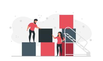 People from the blocks of the cube make a graphic together. Man and woman building business plans company concept vector illustration