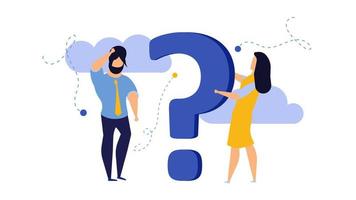Person people question mark answer vector illustration concept action. Advice ask business cartoon FAQ help man and woman background. Problem idea confusion human. Think banner support conversation