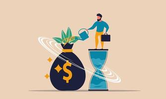 Investor invest to financial credit and interest to growth pension. Salary success with prosperity vector illustration concept. Cartoon character watering seed sprout. Capital budget saving and wealth