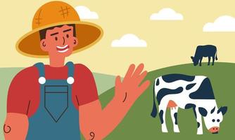 Farmer man and cow farm countryside landscape. Dairy and milk with animal cartoon cattle vector illustration. Character people and meadow village ranch. Summer harvest and farming work business rural