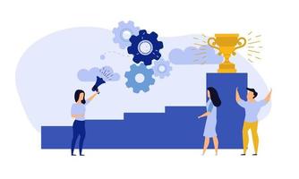 Achievement target career challenge vector flat illustration. Woman kpi walking steps to gold cup. Job journey business success leader ambition. Goal progress up climbing performance banner