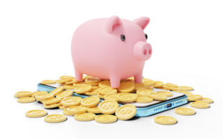 Piggy bank on pile of coins and blue phone. mobile banking and Online payment service, e commerce, app store. Save money business finance. smartphone with blank white screen. 3d render. png