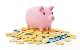 Piggy bank on pile of coins and blue phone. mobile banking and Online payment service, e commerce, app store. Save money business finance. smartphone with blank white screen. 3d render. png