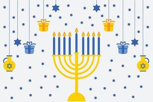 Hanukkah background with holiday candles, dreidels, Hebrew letters and David stars. Modern paper cut design for Jewish Festival of light. Vector illustration with place for your text