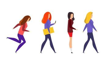 Woman in action vector person design illustration set. Cartoon female business emotion isolated girl. Adult character drawing emoji figure silhouette pose. Standing happy flat office lady gesture sign