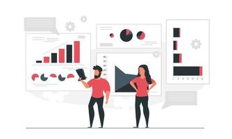 The data inform the man with the notebook and the woman. People analyze graphs and compile statistics. Information report concept vector illustration