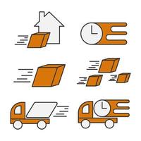 Collection of delivery logo templates icon in orange style set. Speed business service express shipping logotype vector illustration