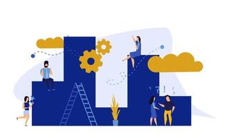 Achievement target career challenge vector flat illustration. People kpi walking steps to direction. Job journey business success leader ambition. Goal progress up climbing performance banner