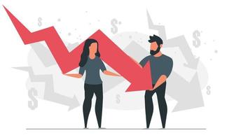 Business people are bankrupt. Man and woman hold the falling red down arrow together. Unsuccessful investment concept vector illustration