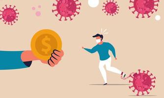 Business assistance and stimulation of the economy with money from the coronavirus. A man chained to a virus runs for financial help from a company. Financial crisis of the economy and collapse. vector