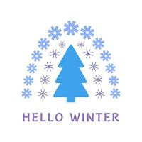 Cute rainbow composition Hello winter. Vector winter illustration in flat style for design. Happy New Year, Merry Christmas, Cozy Winter. Rainbow, tree, snowflakes