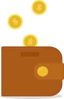 Brown wallet with gold coins. Gold coins fly into the wallet. Vector illustration on a white background, money saving ideas, cash income, financial success, enrichment, salary income icon.