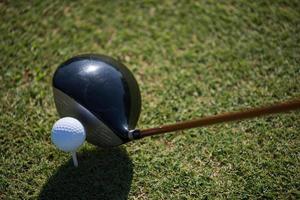 top view of golf club and ball in grass photo