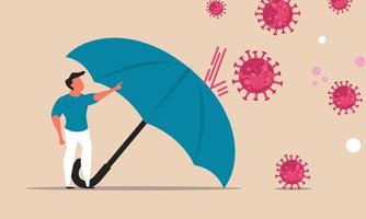 el negocio de seguros ayuda al impacto del coronavirus en la compañía financiera pandémica. paraguas de escudo para la ilustración de vector de virus covid. control mercado protección salud crisis y apoyo global colapso económico