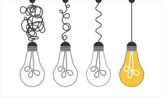 Simplification concept art with light bulb idea. Simple and creative think or search creative idea. Difficulty curve doodle path chaos. Untangle curve complex scribble vector illustration. Problem way