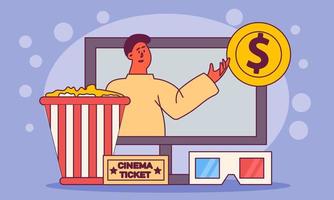 Cinema movie online and video entertainment. Man watch film with web theatre media vector illustration. Show play with popcorn and cinematography multimedia. Business app service to watch picture