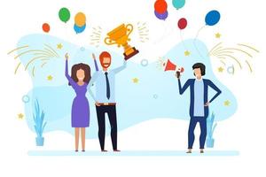 Business team success vector reward illustration win. Employee award flat people victory design. Happy prize trophy leader person. Champion cup mission teamwork concept. Office company career together