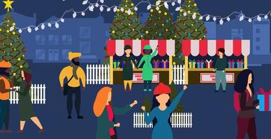 Christmas market shop vector winter card illustration city. People on street with couple town lifestyle holiday banner. Celebration background with gift and tree. Xmas happy event poster new year