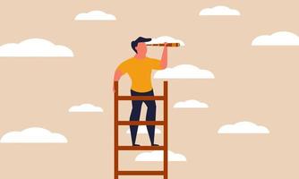 Future high ladder with forward man on sky. Work staircase growth and journey achievement vector illustration concept. Dream career aim and employee visionary. People or person looking way progress