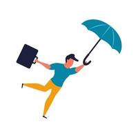 A man flies on an umbrella with a briefcase vector illustration. Person male flying on sky and office success concept. Career fly on cloud and work manager. Job jumping challenge and finance jump