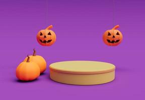 3d rendering of Halloween flying pumpkin, podium, minimal Halloween background design element photo