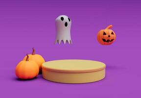 Representación 3d de la escena de halloween, fantasma blanco, espeluznante, podio, elemento mínimo de diseño de fondo de halloween foto