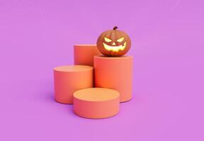 Representación 3d de la parte superior de la calabaza de halloween del podio dentro de la vela que brilla intensamente, elemento mínimo de diseño de fondo de halloween foto