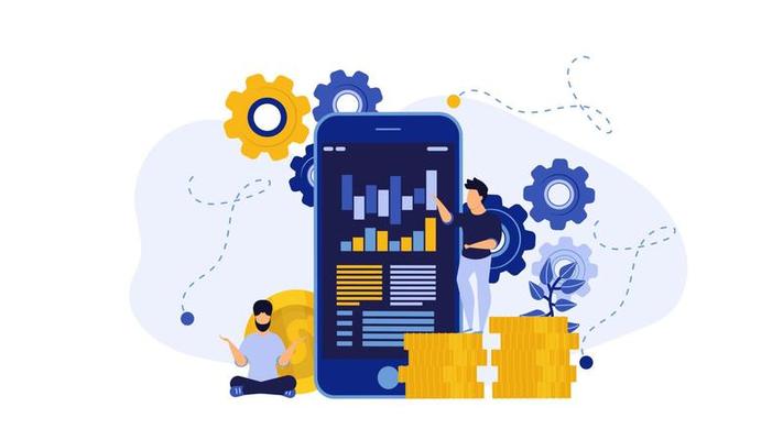 Phone digital loan finance account vector business illustration. People building cash concept web money payment. Banner network data market virtual transaction coin.  Mobile commerce customer