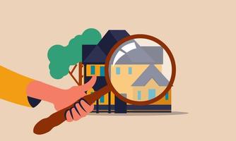 inspeccionar alojamiento e inspector de vivienda con tasación. concepto de ilustración de vector de propiedad de vivienda e hipoteca de adquisición. lupa con búsqueda de alquiler de mantenimiento. servicios inmobiliarios