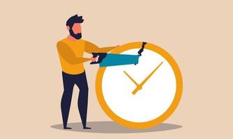 gestión del tiempo, un hombre corta un reloj con un concepto de ilustración vectorial de sierra. flujo de trabajo de organización de personas y procesos eficientes. optimización del trabajo y estrategia de productividad del trabajo. fecha límite de negocios vector