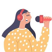 mujer cantando en un micrófono y cantante de música en persona. ilustración de chica vectorial y músico de voz de karaoke. canta la canción y el rostro femenino del artista. actuación entretenimiento y melodía interpretación vector