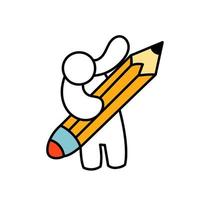 Hand draw little man with pencil vector cartoon illustration isolated white. Character business icon drawing concept. People sketch standing liner vignetting caricature metaphor. Education design