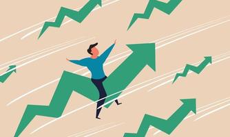 Stock market rise up and increase confidence development money. Grow chart businessman to top vector illustration concept. Positive opportunity and success ambition to future. Arrow climb up or growth