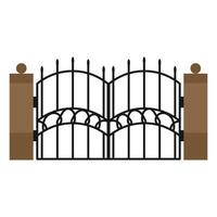 Gate with iron fence door and metal cartoon manor decoration. Front entrance from ironwork grid vector illustration. Old lattice wrought and classic frame ornament for park. Security steel structure