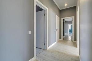 long white empty corridor in interior of entrance hall of modern apartments, office or clinic photo