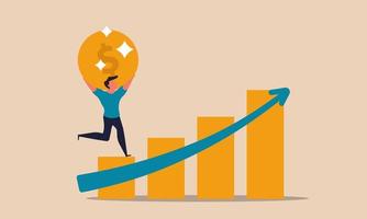 Stock investment and rise finance chart up. A man runs with a gold coin according to the business graph of profit up vector illustration. People saving risk and investor money income progress