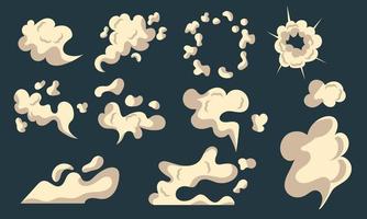 Bubble explode smoke poof and cloud blow effect. Wind with cartoon gray fog and boom dust vector illustration. Puff icon and air cloudy element. Fume comic explosion and set vapor storm isolated