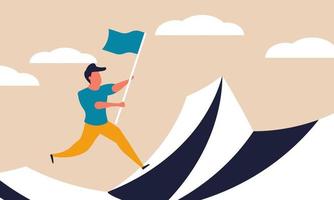 Mountain top and hill high success award. Corporate flag and company prize for work target vector illustration concept. Employee competition and climbing progress way. Cartoon business career rise